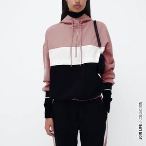 Zara Women's Pink and Black Color Block Top/Hoodie